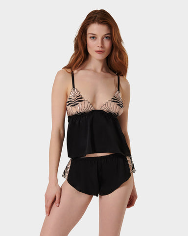 Ensemble Caraco et Short Katerine en Satin Luxueux Noir/ Perle/Transparent